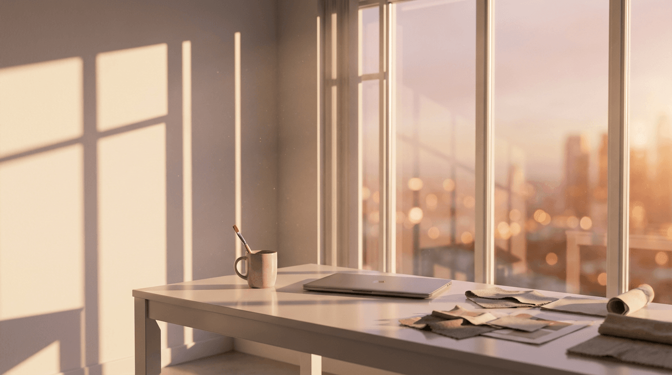 Premium creative studio workspace with professional equipment and design materials