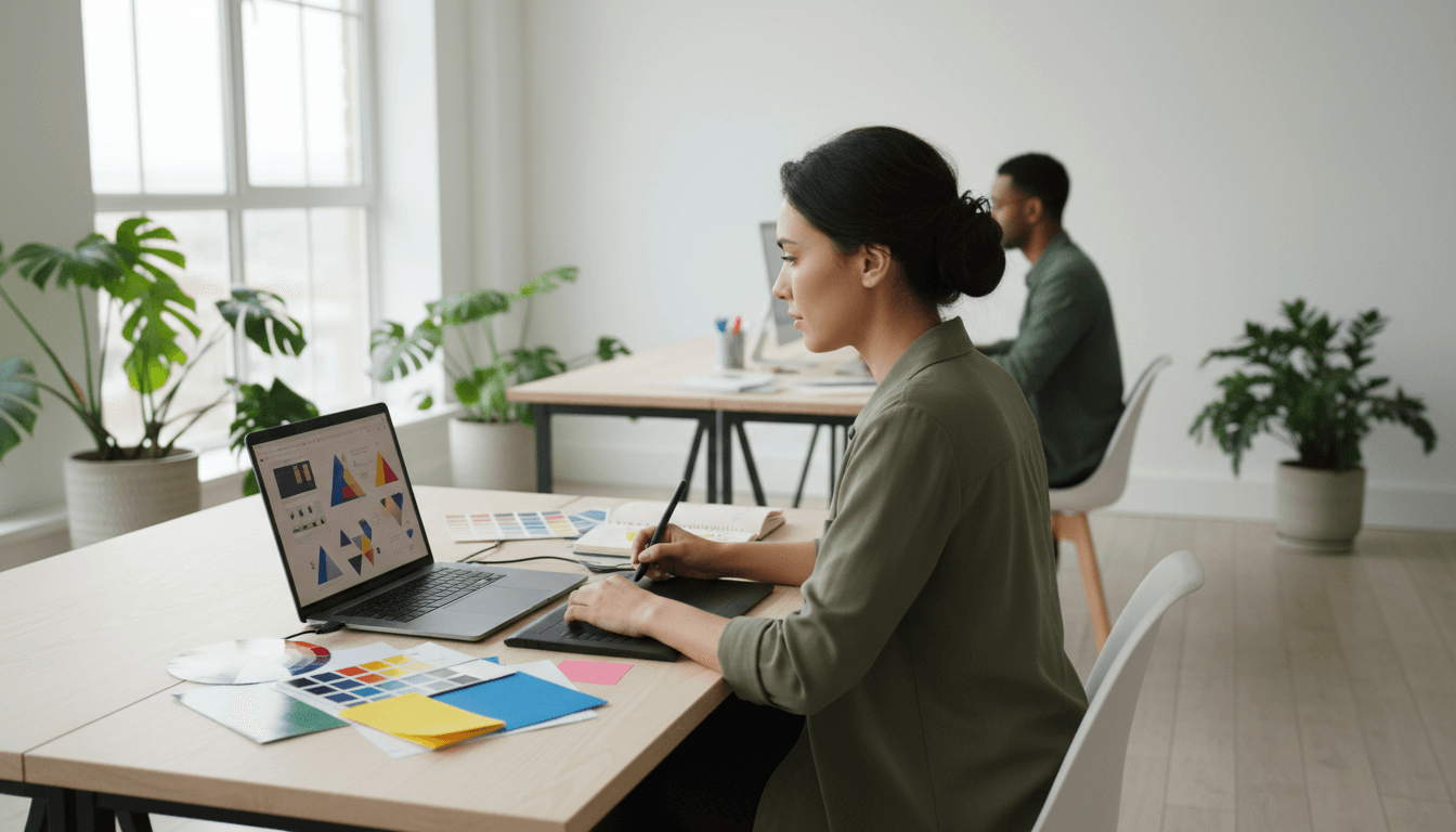 Creative professionals collaborating on a brand strategy project at a modern agency workspace